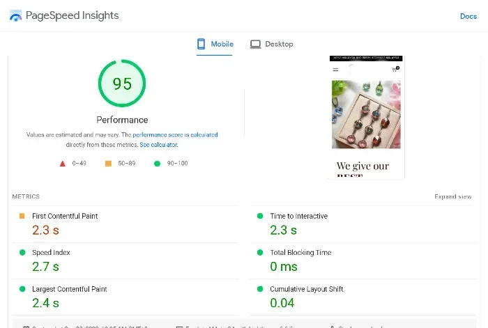Pagespeed score 95 for e-commerce mobile